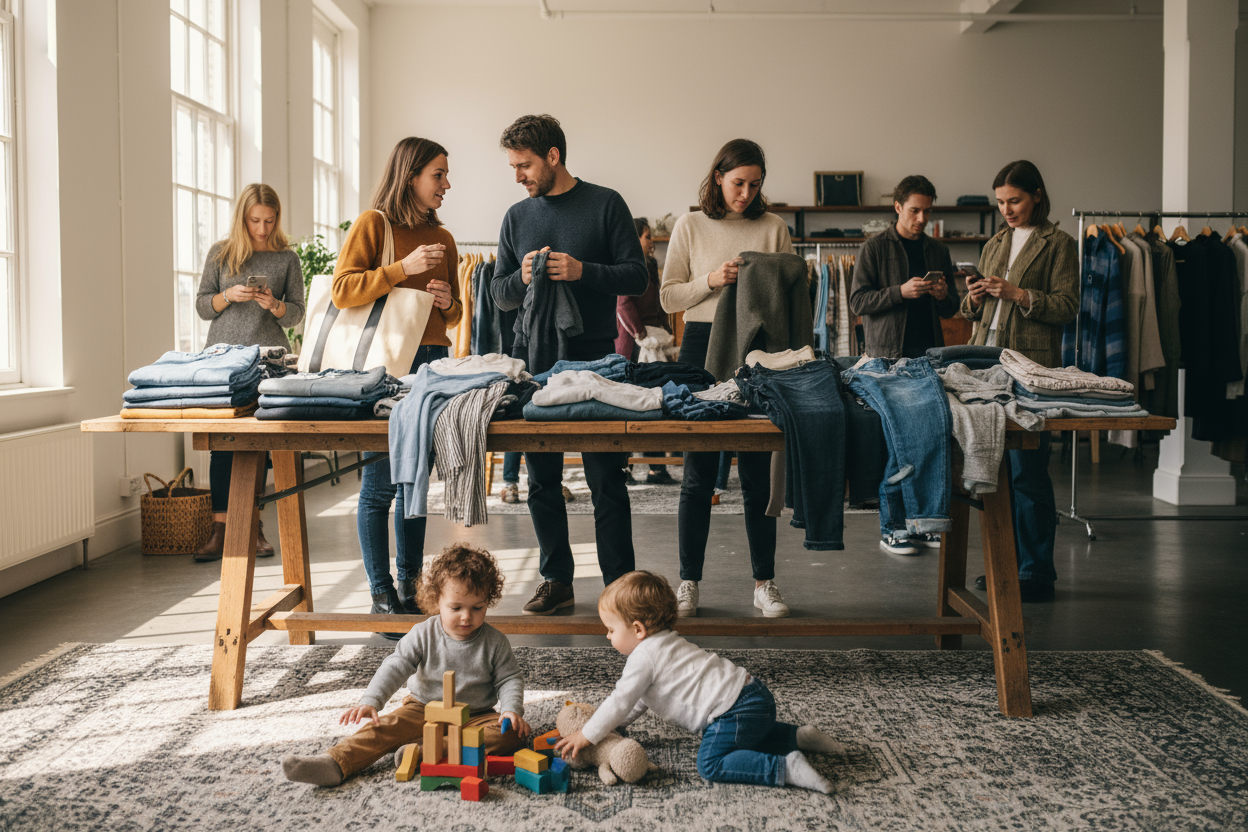 Personen vor Tisch mit Kleidung, am Boden zwei Kleinkinder